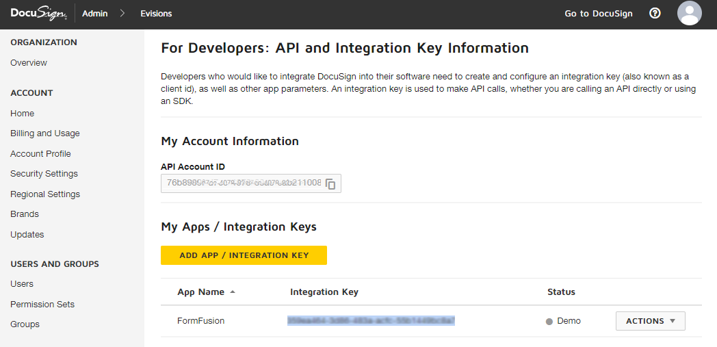 API and Keys page in DocuSign showing an App Name of "FormFusion" next to its assigned integration key.